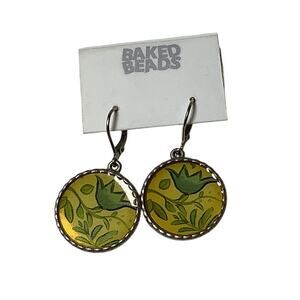 Baked Beads Yellow Green Floral Round Leverback Dangle Earrings Botanical F10-42